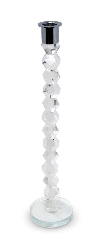 14" Clear And Silver Geo Stacks Crystal Tabletop Taper Candlestick HomeRoots