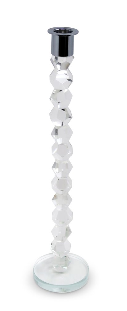 14" Clear And Silver Geo Stacks Crystal Tabletop Taper Candlestick HomeRoots
