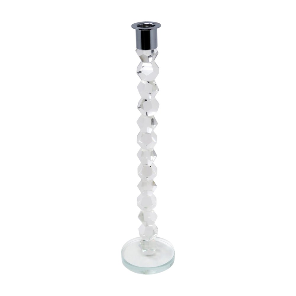 14" Clear And Silver Geo Stacks Crystal Tabletop Taper Candlestick HomeRoots