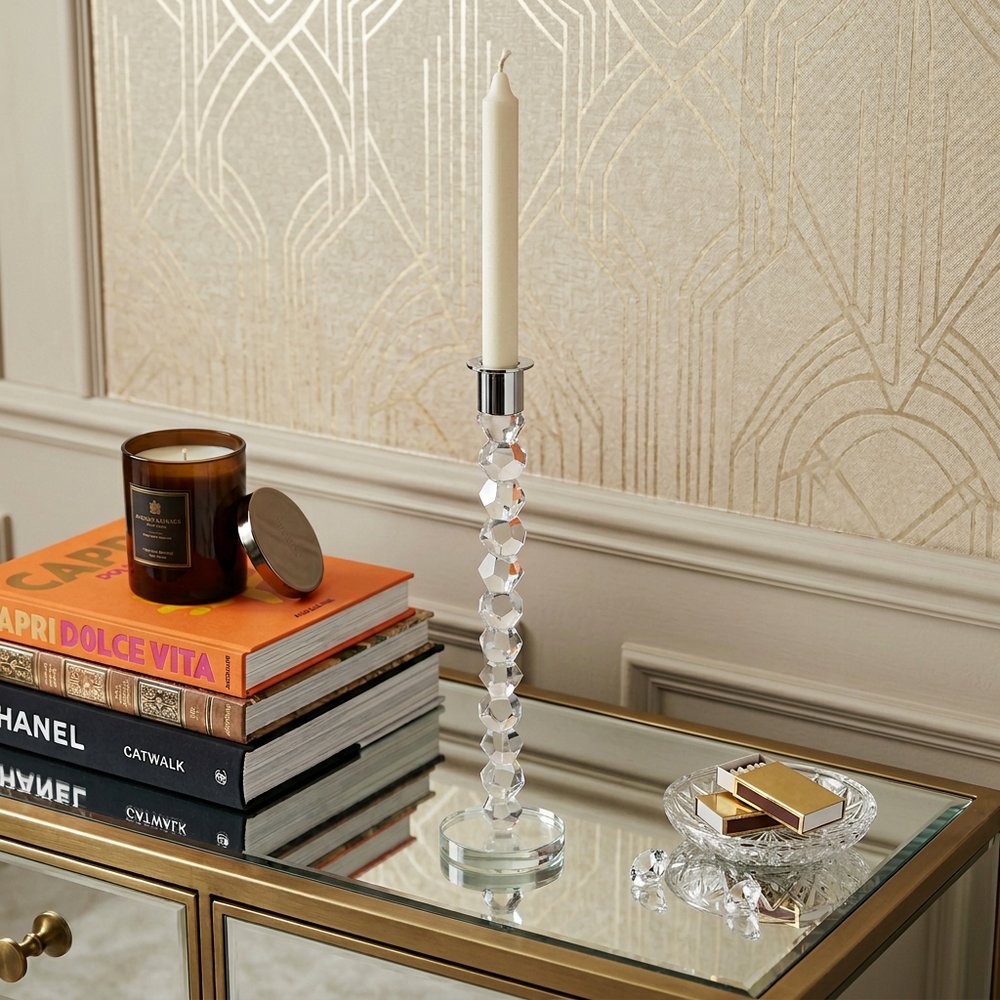 14" Clear And Silver Geo Stacks Crystal Tabletop Taper Candlestick HomeRoots