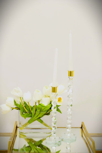 14" Clear And Gold Geo Stacks Crystal Tabletop Taper Candlestick HomeRoots