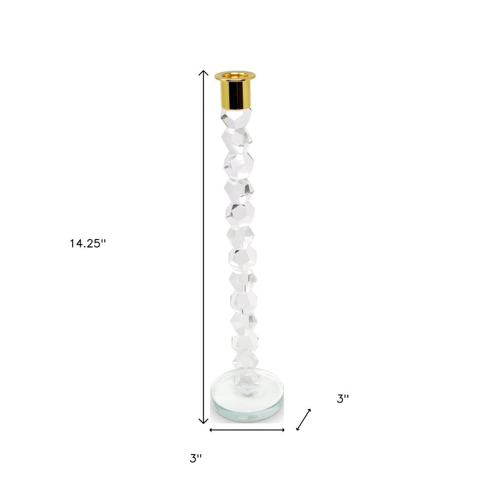 14" Clear And Gold Geo Stacks Crystal Tabletop Taper Candlestick HomeRoots