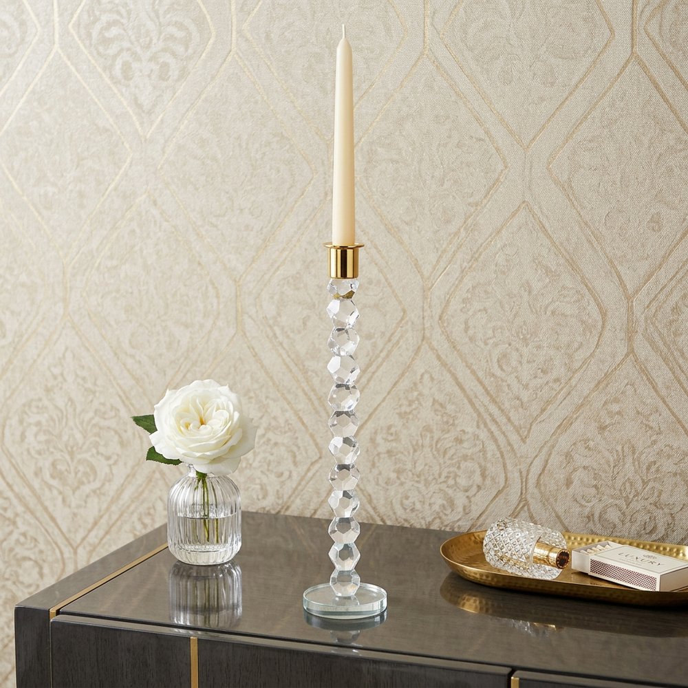 14" Clear And Gold Geo Stacks Crystal Tabletop Taper Candlestick HomeRoots