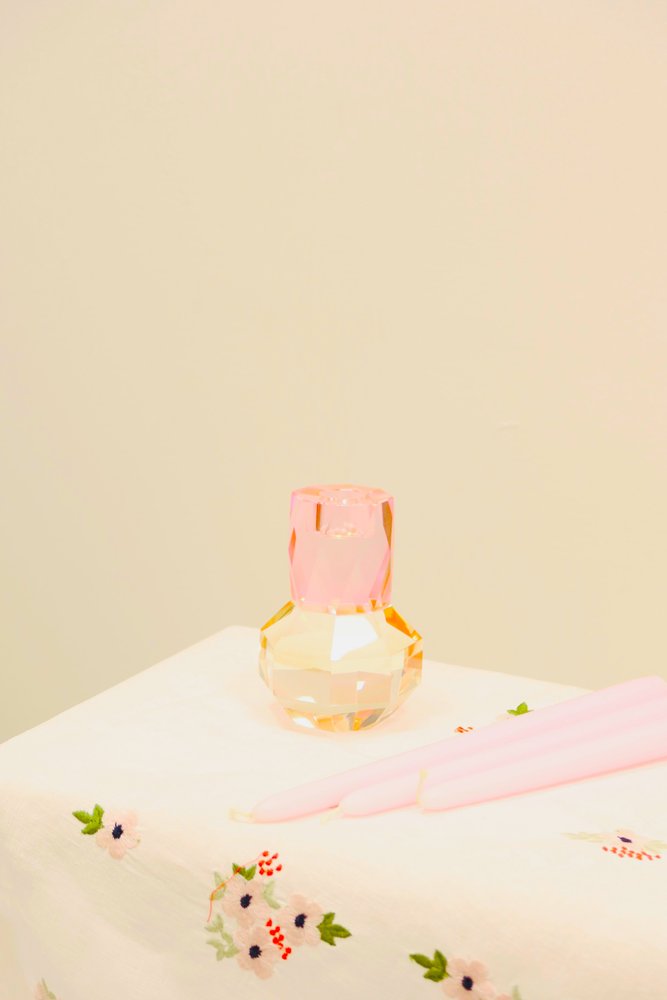 5" Pink And Clear Faceted Crystal Tabletop Taper Candlestick — view 5