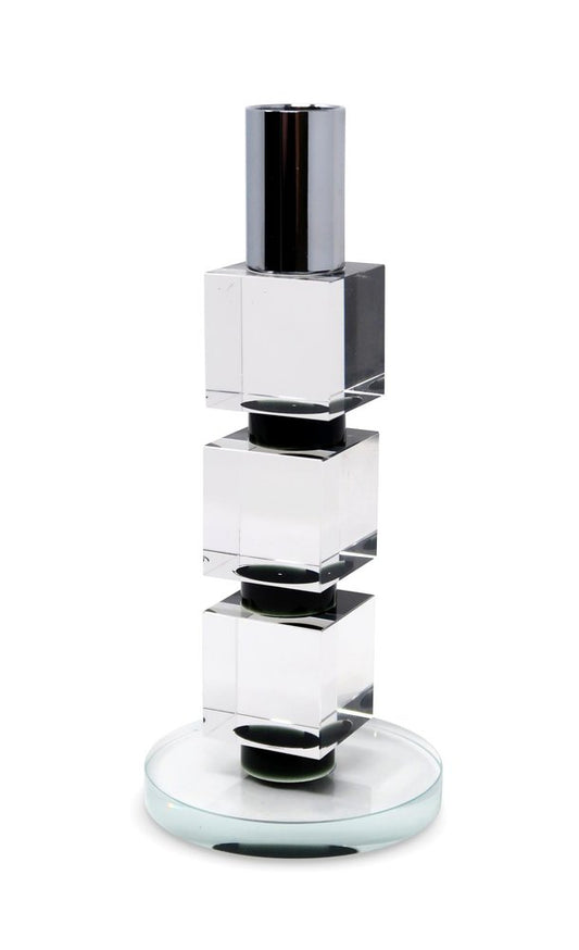 7" Silver Clear And Black Block And Cylinder Crystal Tabletop Taper Candlestick