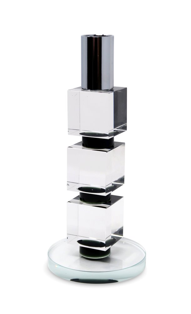 7" Silver Clear And Black Block And Cylinder Crystal Tabletop Taper Candlestick HomeRoots