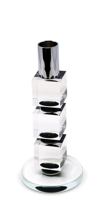 7" Silver Clear And Black Block And Cylinder Crystal Tabletop Taper Candlestick HomeRoots