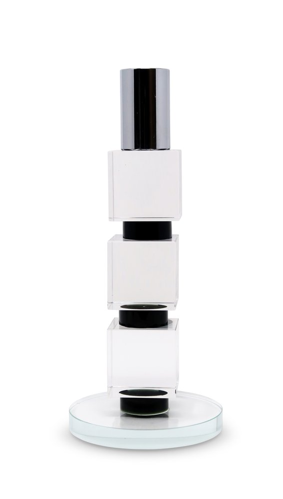 7" Silver Clear And Black Block And Cylinder Crystal Tabletop Taper Candlestick HomeRoots