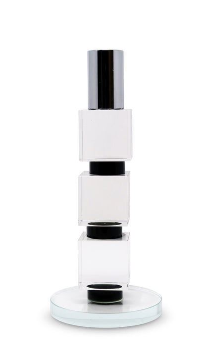 7" Silver Clear And Black Block And Cylinder Crystal Tabletop Taper Candlestick HomeRoots