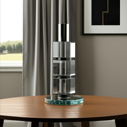 7" Silver Clear And Black Block And Cylinder Crystal Tabletop Taper Candlestick HomeRoots