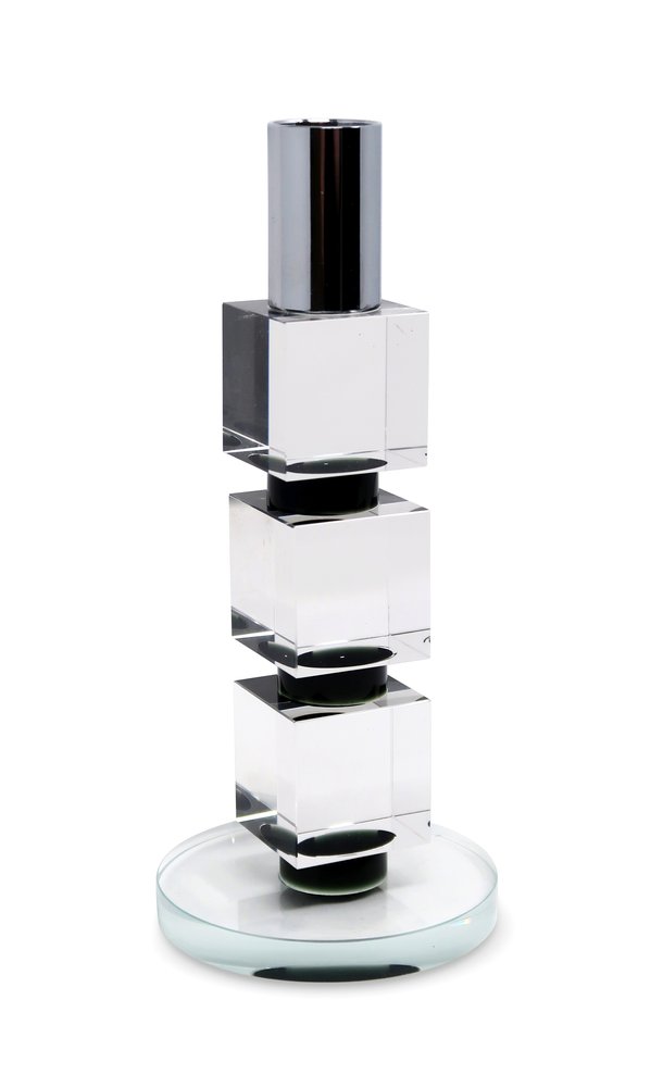 7" Silver Clear And Black Block And Cylinder Crystal Tabletop Taper Candlestick HomeRoots