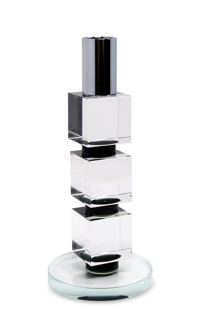 7" Silver Clear And Black Block And Cylinder Crystal Tabletop Taper Candlestick HomeRoots
