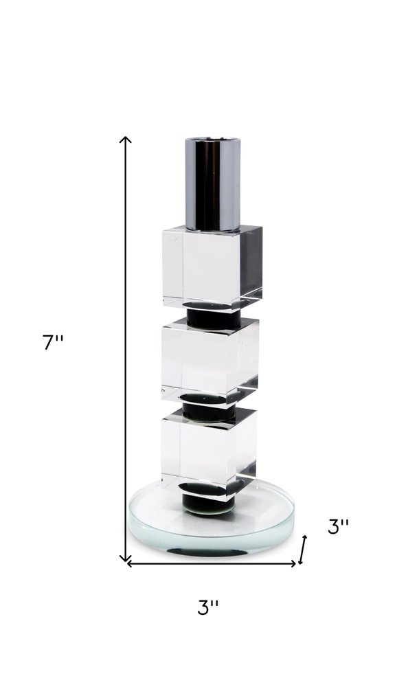 7" Silver Clear And Black Block And Cylinder Crystal Tabletop Taper Candlestick HomeRoots