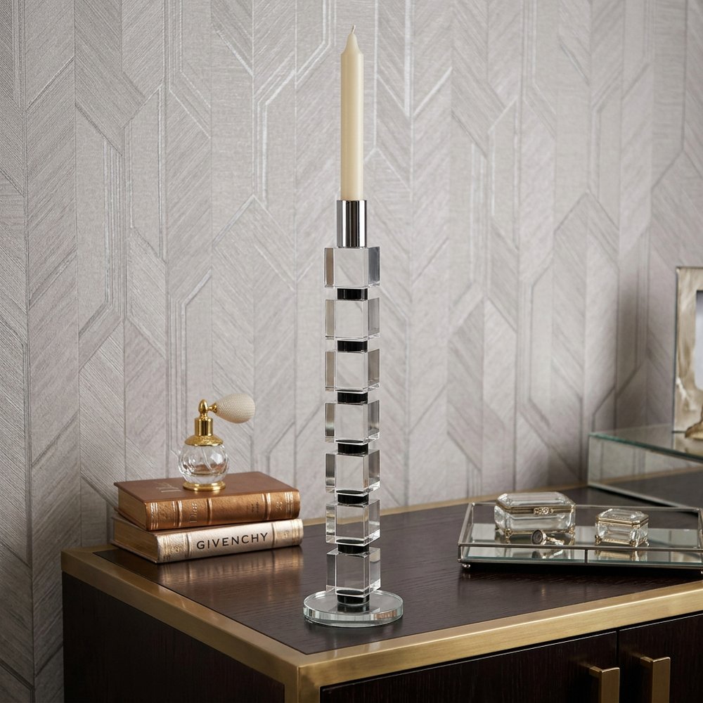 15" Silver Clear And Black Crystal Tabletop Taper Candlestick HomeRoots