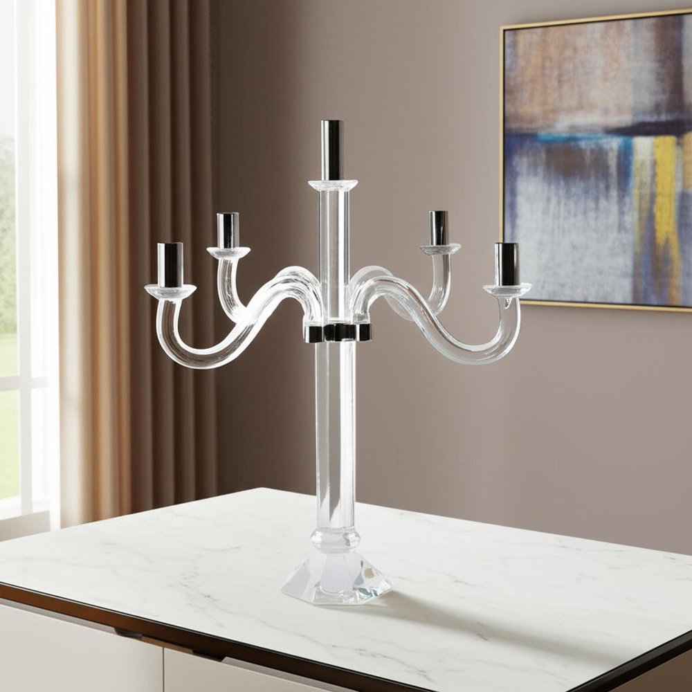 20" Clear And Silver Crystal Tabletop Candelabra Candle Holder HomeRoots