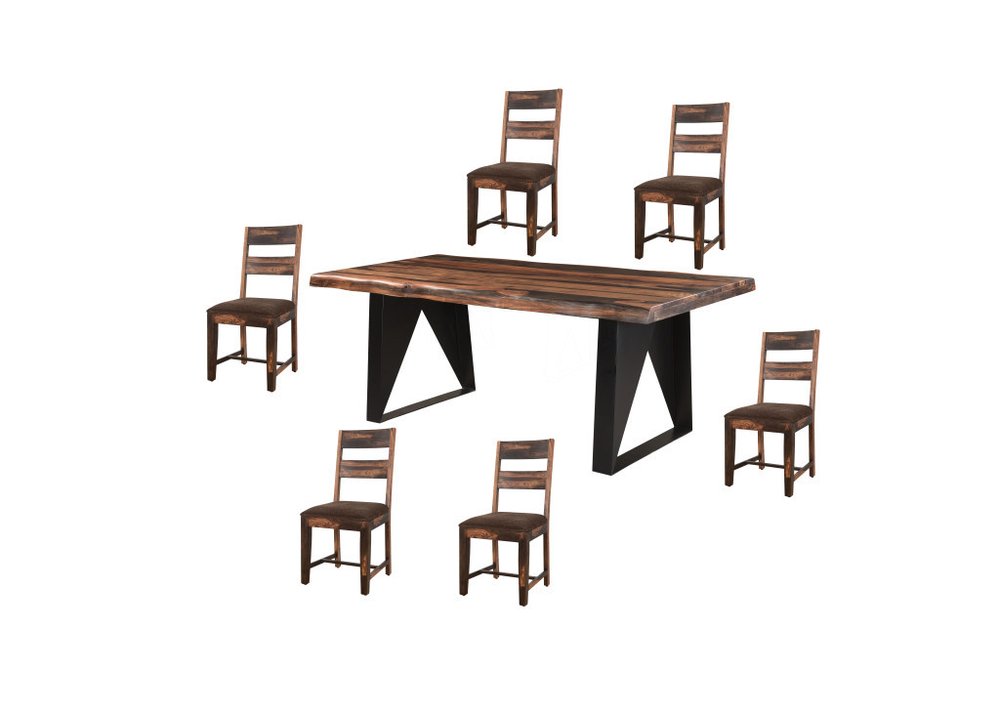Seven Piece Dark Brown and Black Solid Wood Live Edge Dining Set with Six Chairs HomeRoots