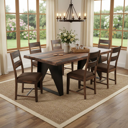 Seven Piece Dark Brown and Black Solid Wood Live Edge Dining Set with Six Chairs HomeRoots