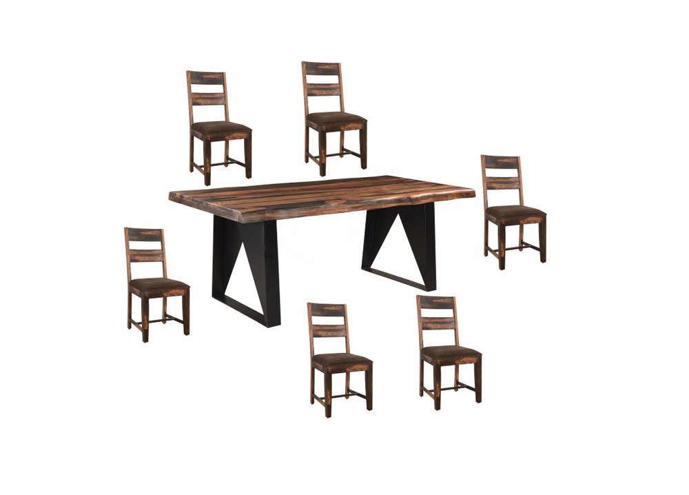 Seven Piece Dark Brown and Black Solid Wood Live Edge Dining Set with Six Chairs HomeRoots