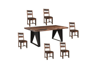 Seven Piece Dark Brown and Black Solid Wood Live Edge Dining Set with Six Chairs HomeRoots