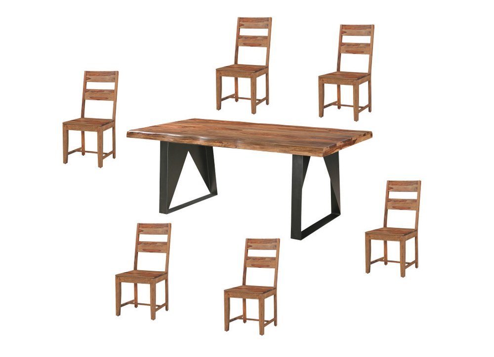 Seven Piece Brown and Black Solid Wood Dining Set with Six Chairs HomeRoots