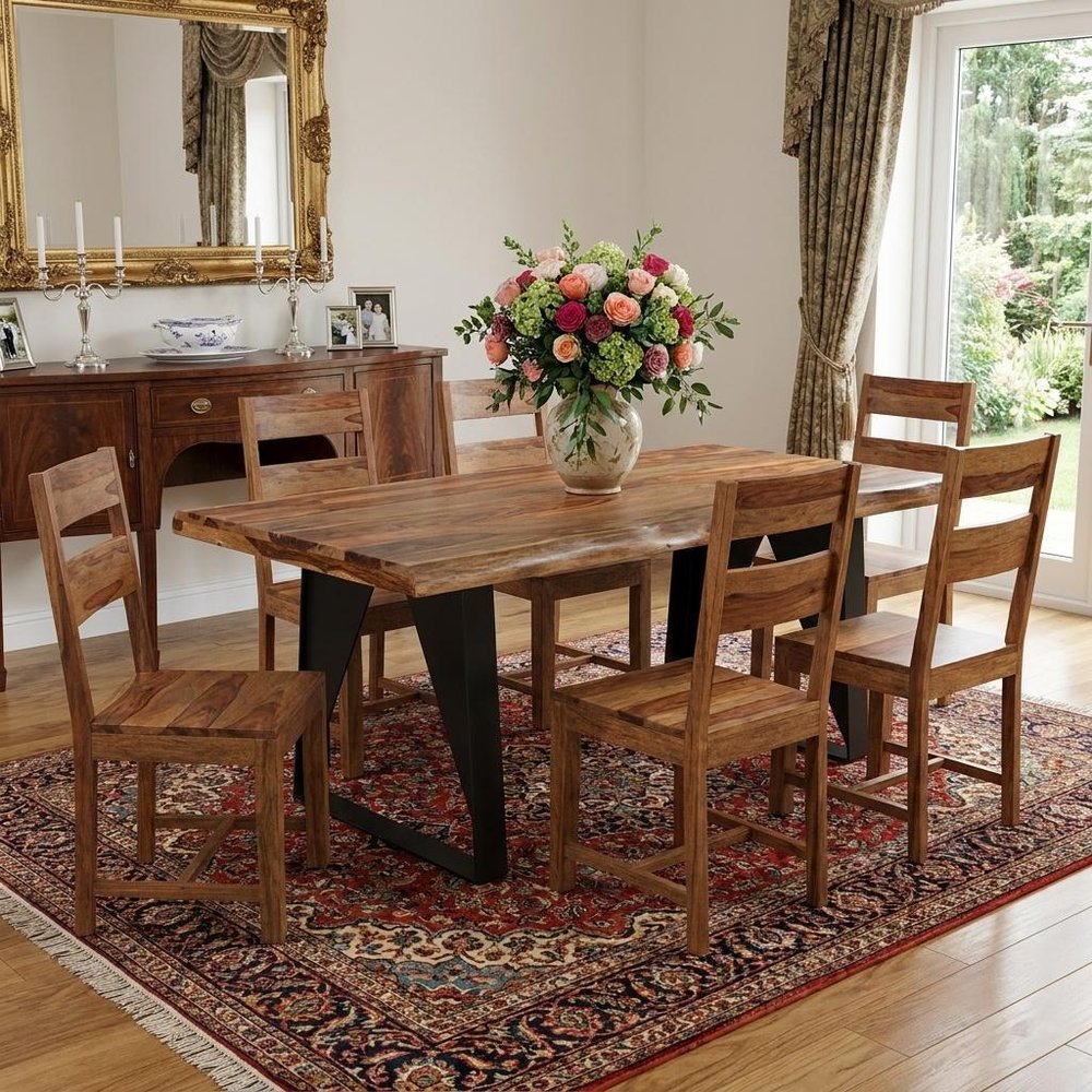 Seven Piece Brown and Black Solid Wood Dining Set with Six Chairs HomeRoots