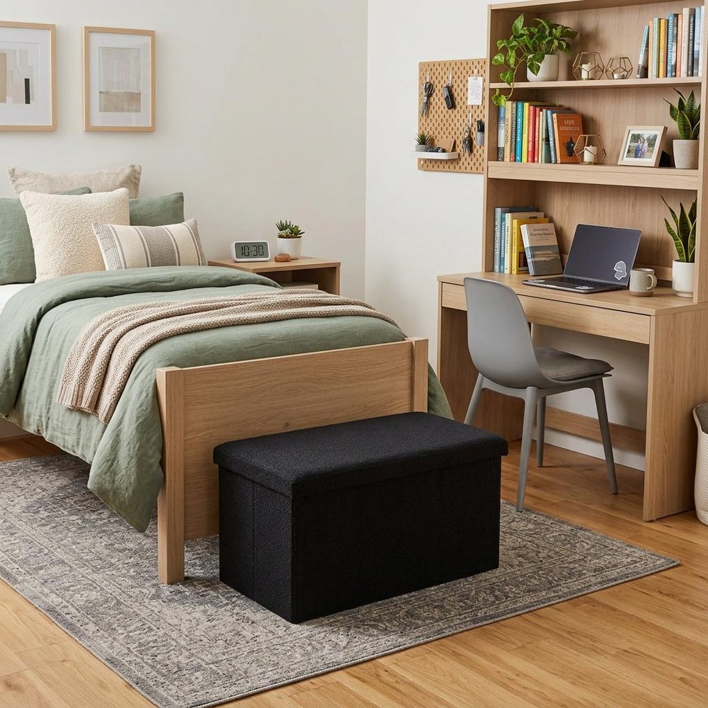 30" Black Boucle Storage Ottoman HomeRoots