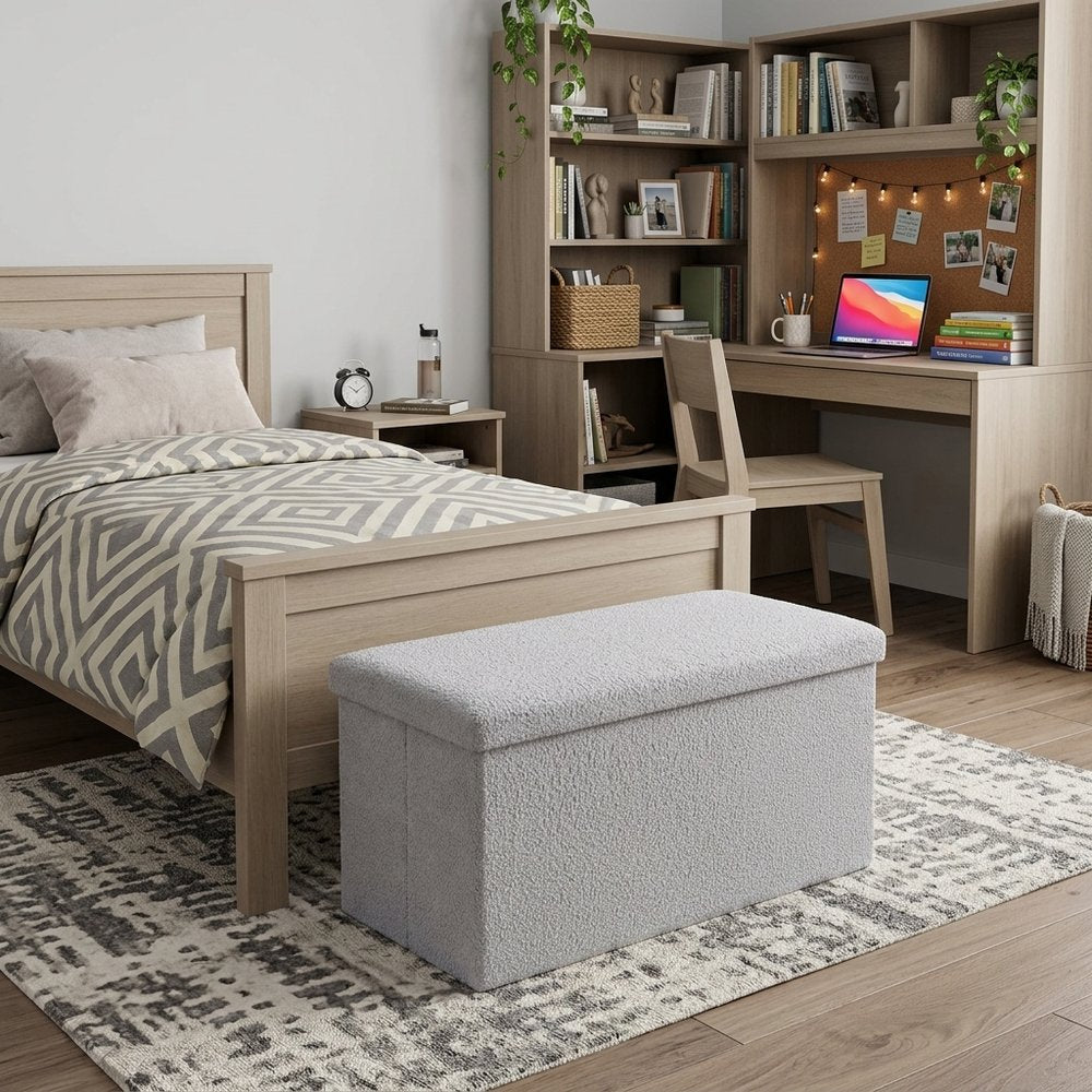 30" White Boucle Ottoman With Storage HomeRoots