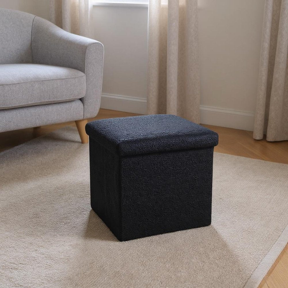 12" Black Boucle Cube Storage Ottoman HomeRoots