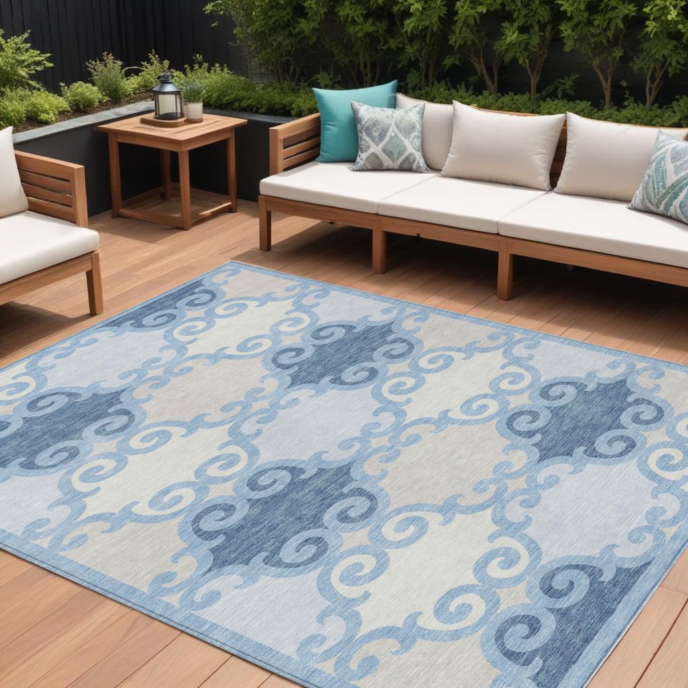 8' X 10' Sky Blue Gray And Ivory Trellis Washable Indoor Outdoor Area Rug HomeRoots