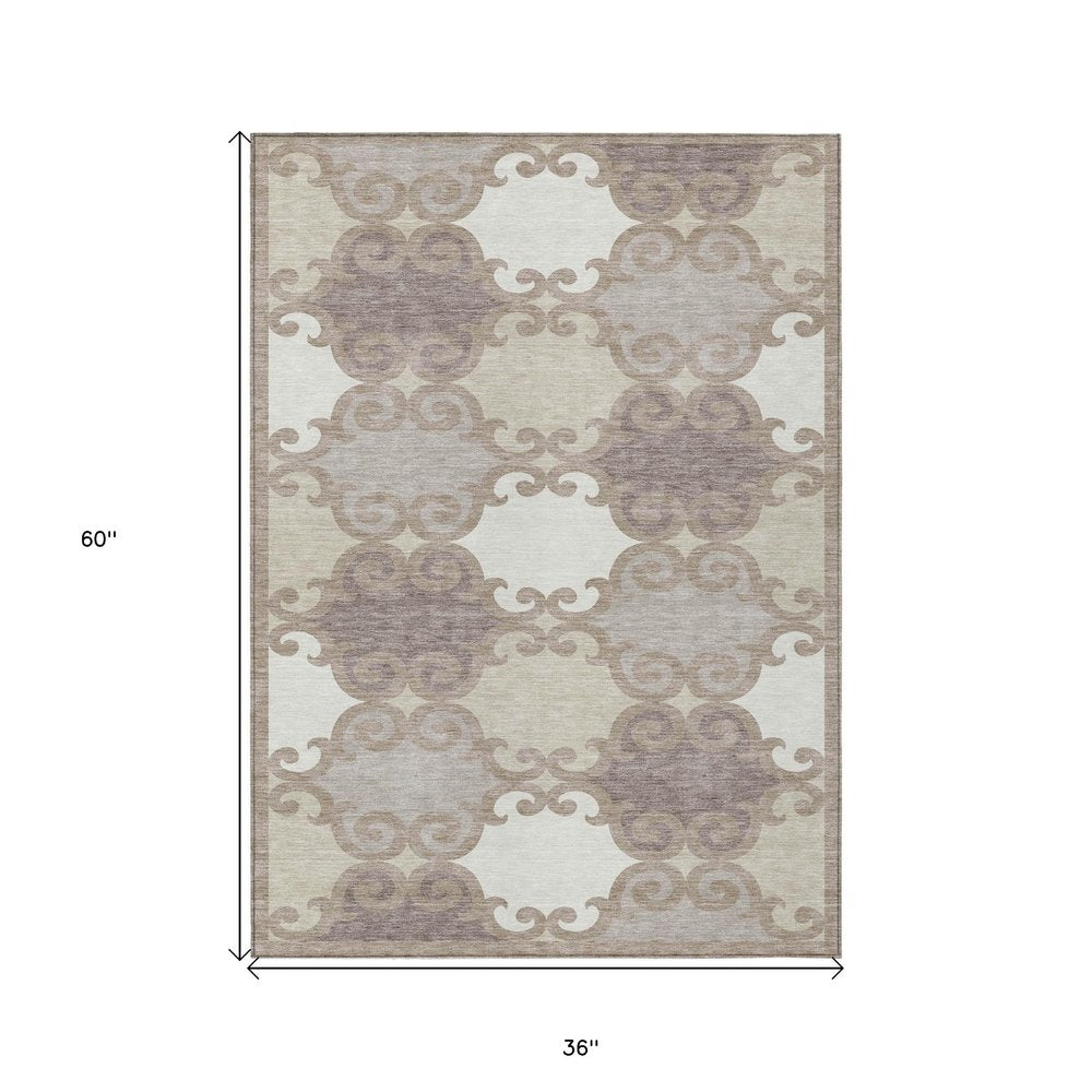 3' X 5' Taupe Beige And Gray Trellis Washable Indoor Outdoor Area Rug HomeRoots