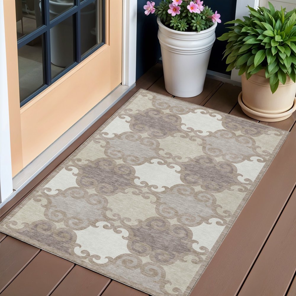 3' X 5' Taupe Beige And Gray Trellis Washable Indoor Outdoor Area Rug — view 8