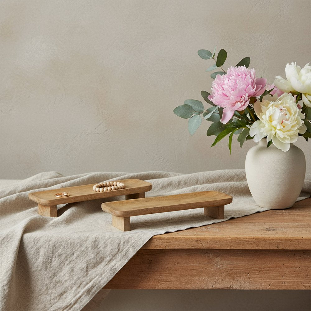 Set of Two Natural Solid Wood Riser Trinket Trays HomeRoots