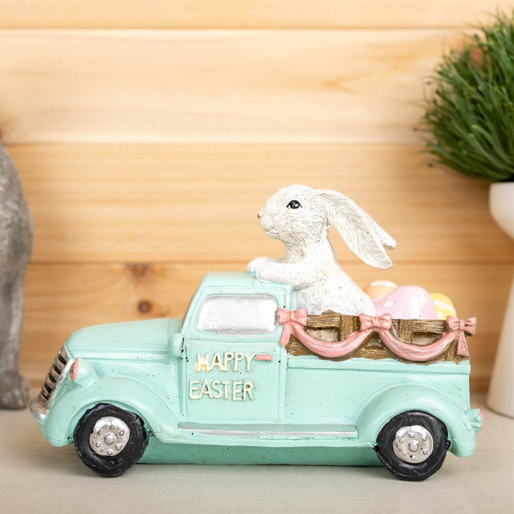 10" Aqua Resin Happy Easter Bunny And Car Figurine HomeRoots