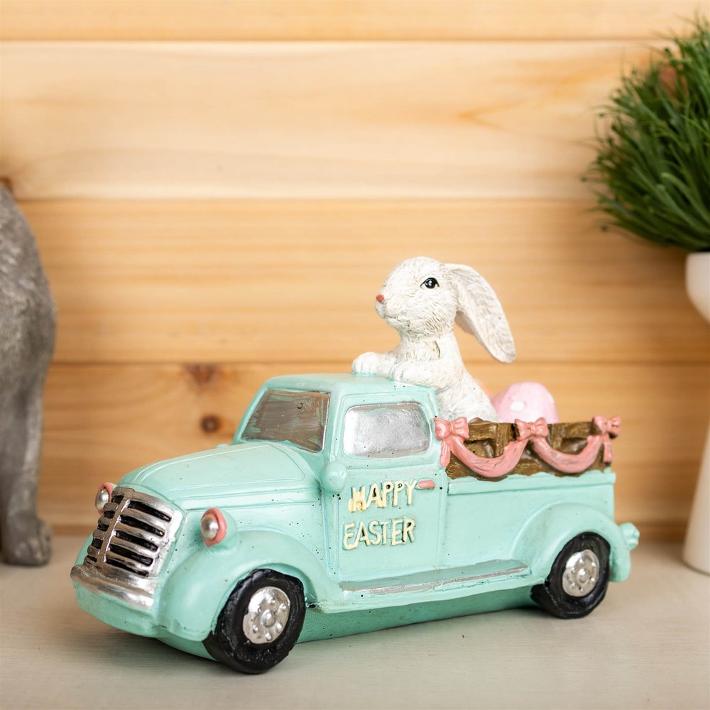 10" Aqua Resin Happy Easter Bunny And Car Figurine HomeRoots