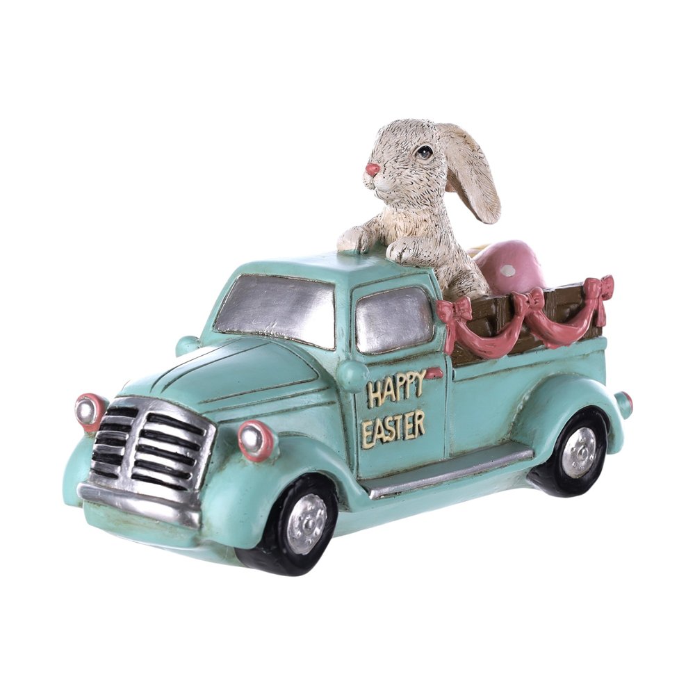 10" Aqua Resin Happy Easter Bunny And Car Figurine HomeRoots