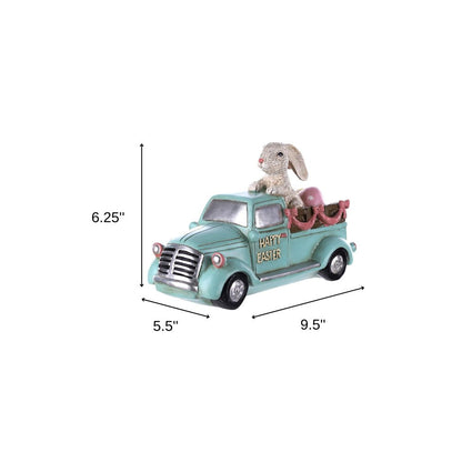 10" Aqua Resin Happy Easter Bunny And Car Figurine HomeRoots