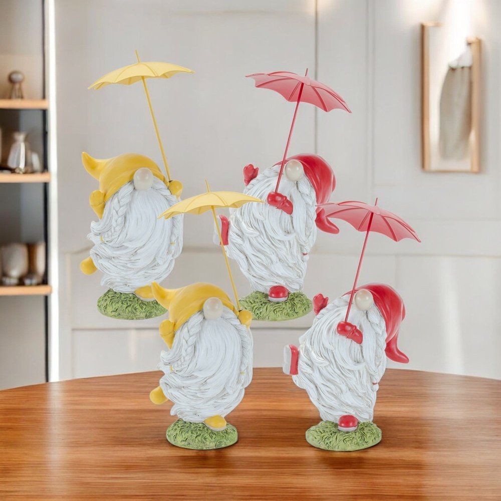 Set of Four Yellow Polyresin Standing Gnome Tabletop Sculpture HomeRoots