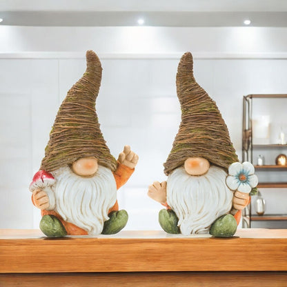 Set of Two Brown Polyresin Standing Gnome Tabletop Sculpture HomeRoots