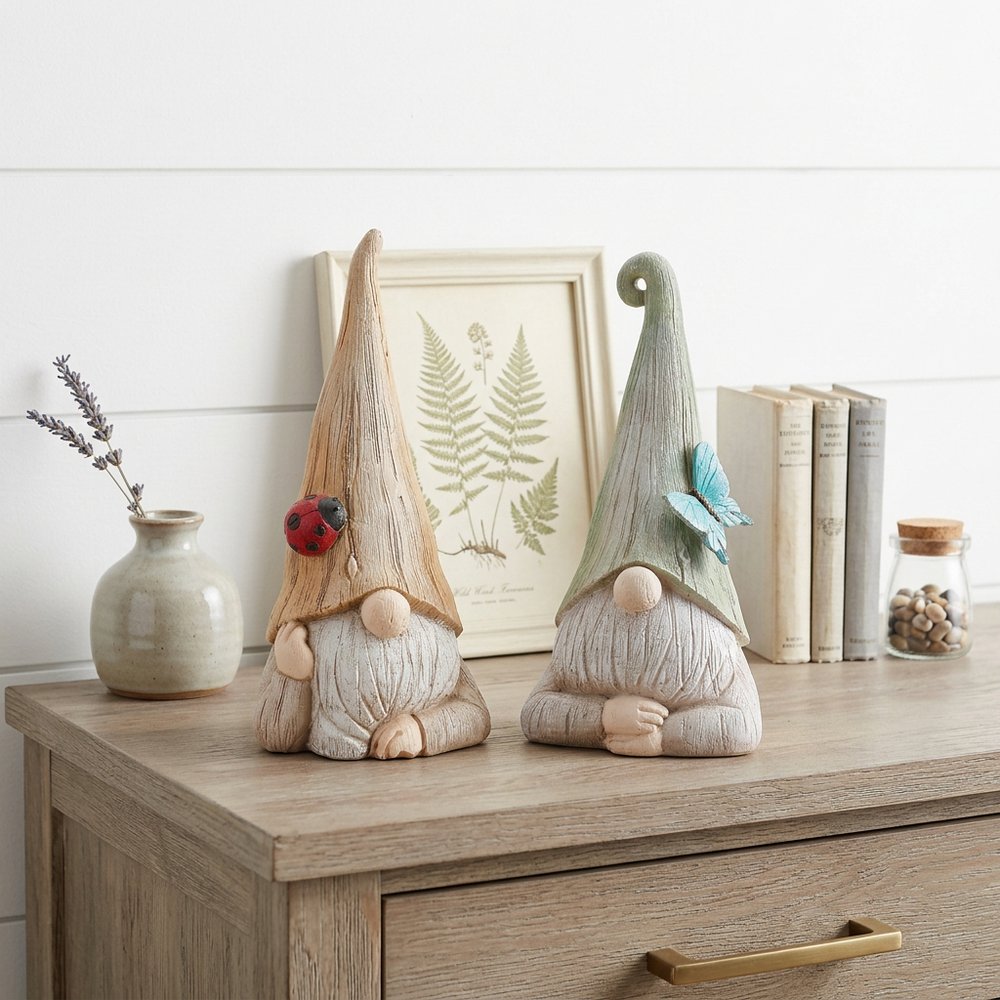 Set of Two Green Ivory And Light Brown Resin Gnome Tabletop Sculptures HomeRoots