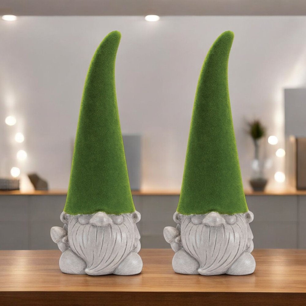 Set of Two Green Terracotta Standing Gnome Tabletop Sculpture HomeRoots