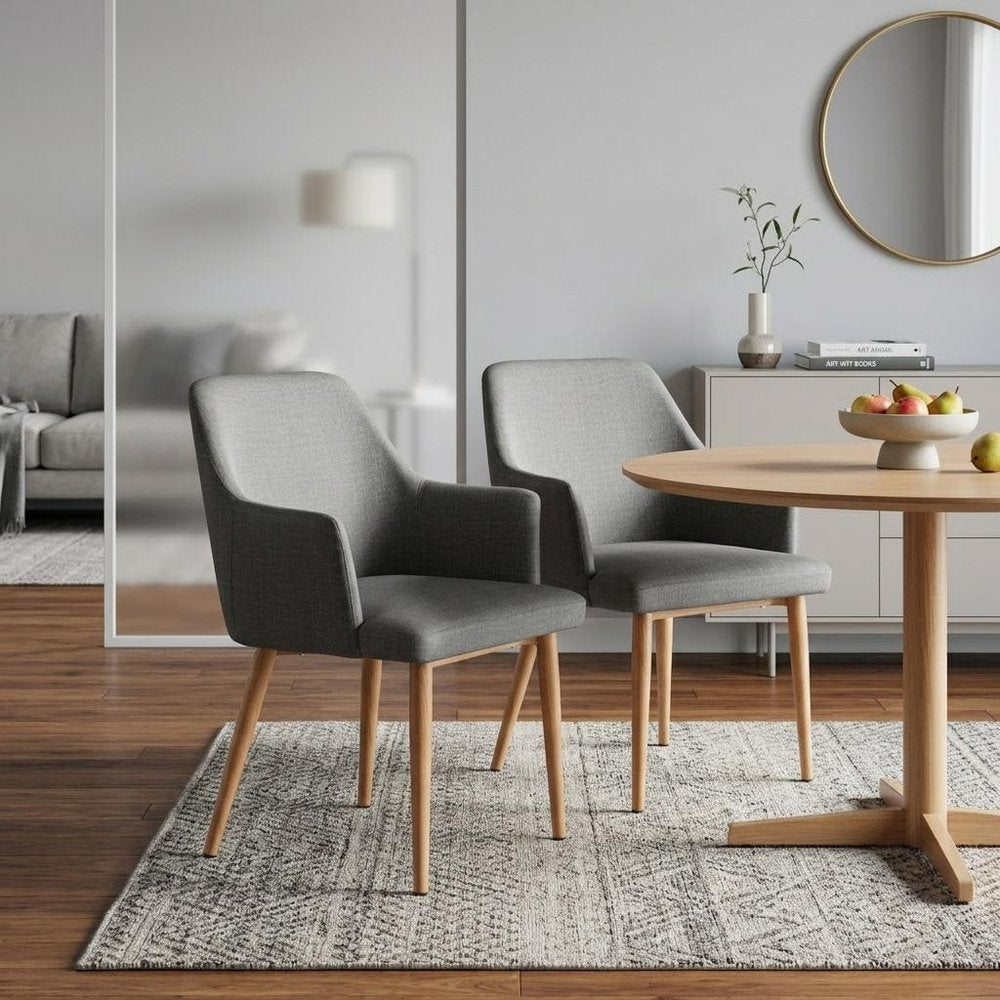 Set of Two Gray And Natural Fabric And Wood Dining Arm Chairs — view 2