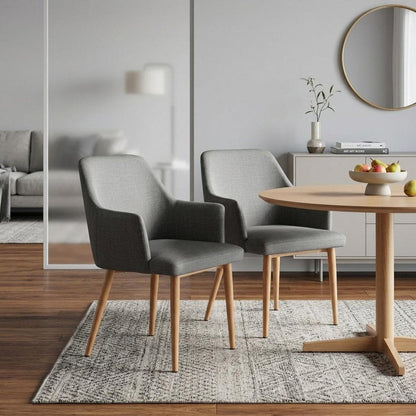 Set of Two Gray And Natural Fabric And Wood Dining Arm Chairs HomeRoots