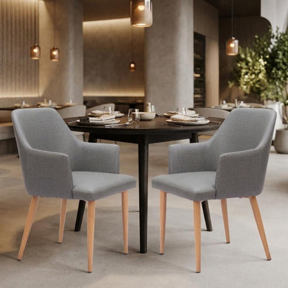 Set of Two Gray And Natural Fabric And Wood Dining Arm Chairs HomeRoots