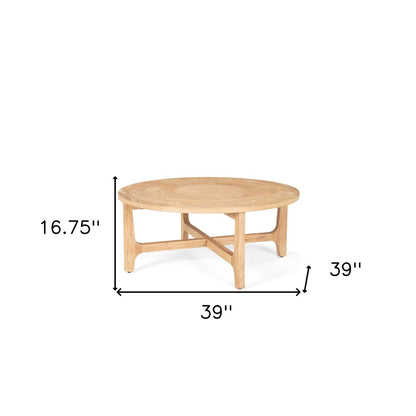 39" Natural and White Solid Wood Round Distressed Coffee Table