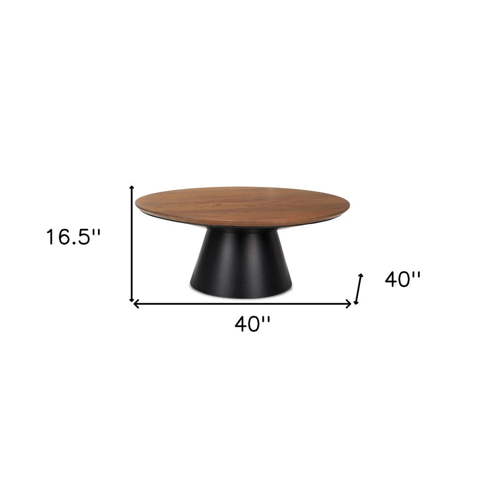 40" Brown and Black Solid Wood and Iron Round Pedestal Coffee Table HomeRoots
