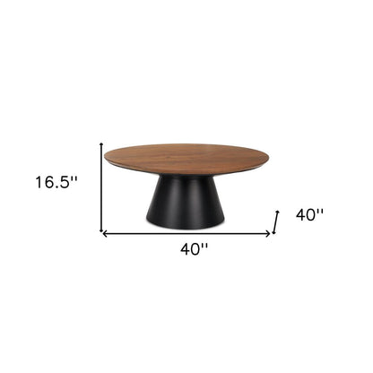 40" Brown and Black Solid Wood and Iron Round Pedestal Coffee Table HomeRoots