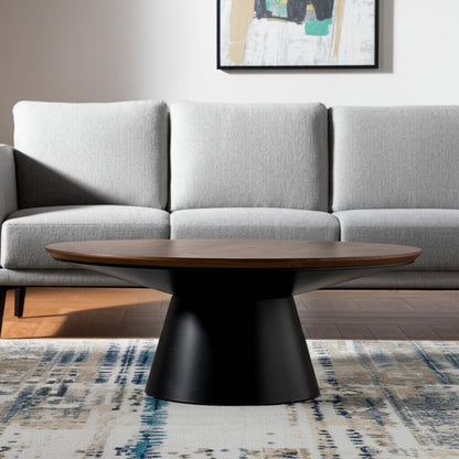 40" Brown and Black Solid Wood and Iron Round Pedestal Coffee Table HomeRoots