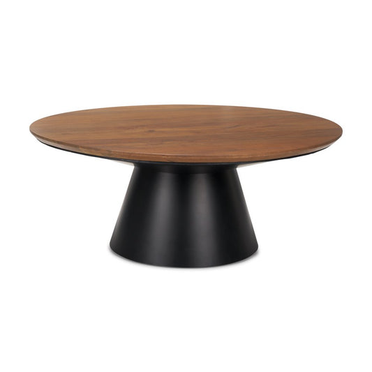 40" Brown and Black Solid Wood and Iron Round Pedestal Coffee Table HomeRoots