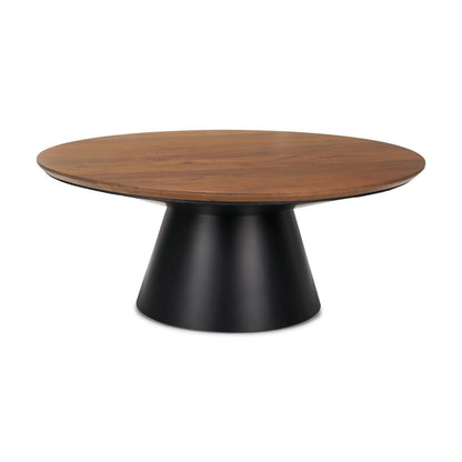 40" Brown and Black Solid Wood and Iron Round Pedestal Coffee Table HomeRoots
