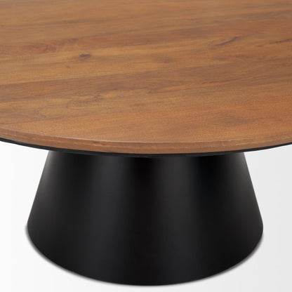 40" Brown and Black Solid Wood and Iron Round Pedestal Coffee Table HomeRoots
